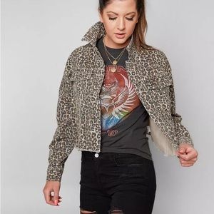 Free People Cropped Leopard Denim Jacket XS